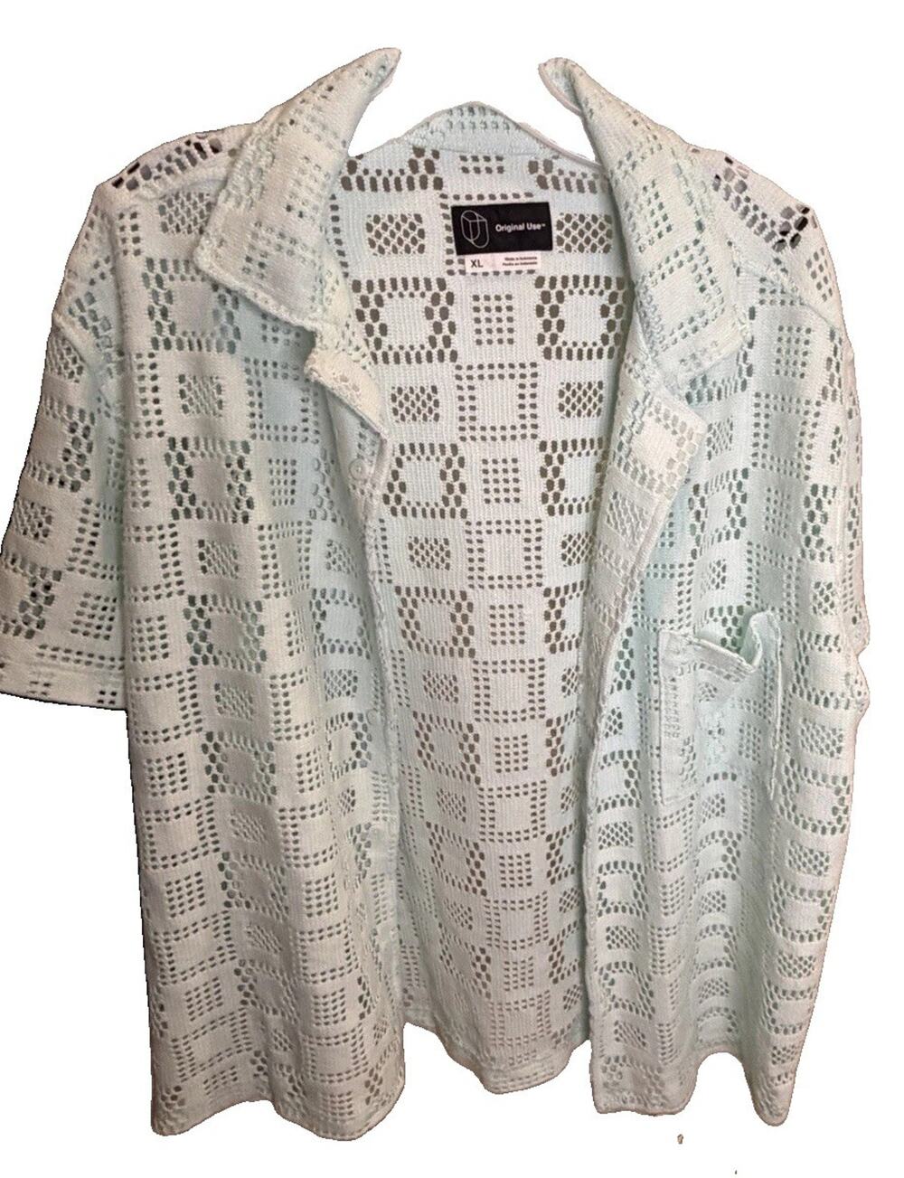 Original Use Men’s XL Crochet Knit Shirt Mint Green Open Weave Short Sleeve